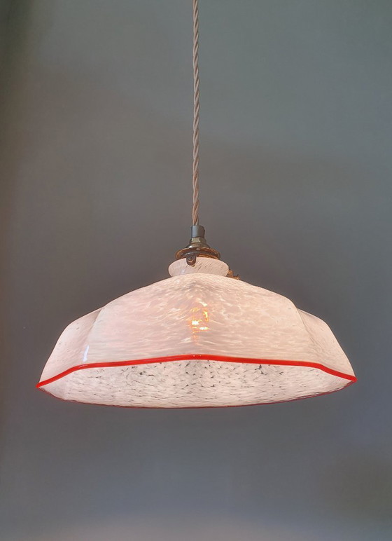 Image 1 of lampada a sospensione vintage - vetro opalino - paralume marmorizzato bianco
