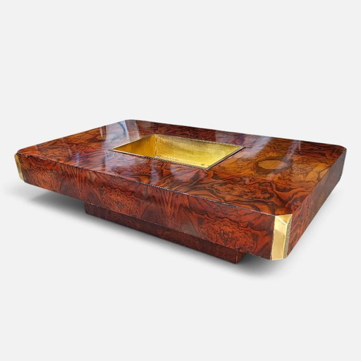 Willy Rizzo Salontafel Alveo 1970s Mario Sabot Coctail Table Burlwood Brass