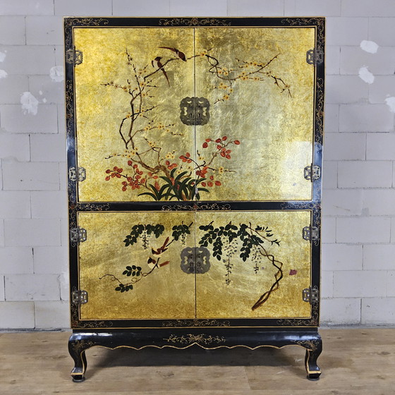 Image 1 of Vintage Chinese Kast Bladgoud / Bloemen en Vogels / Bohemian Kast / Aziatische Kast / Oosterse Kast