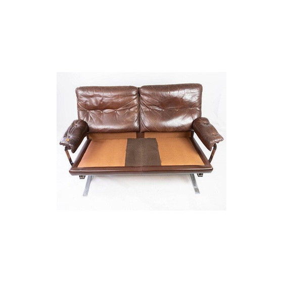 Image 1 of Vintage 2 seater sofa upholstered in brown leather and metal frame by Arne Norell 1970s