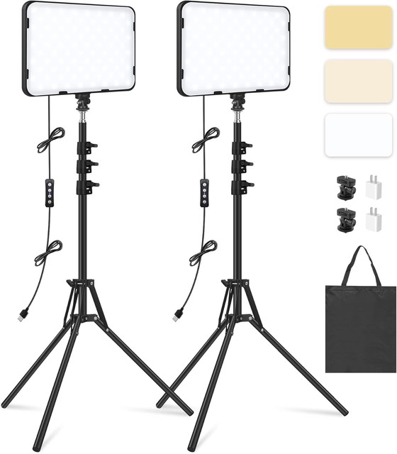 Image 1 of Obeamiu 2-Pack LED Video Light con treppiede, illuminazione per studio fotografico dimmerabile 2500-8500K per riprese video