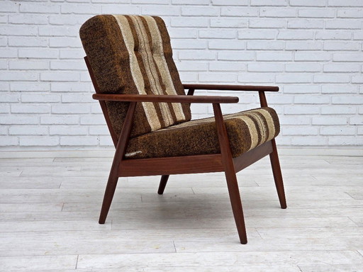 Poltrona danese, anni '70, legno di teak, tessuto di lana per mobili.