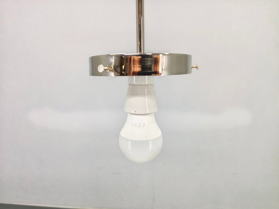 Image 1 of Art Deco Style Pendant Light, Chrome & Milk Glass, 1970s