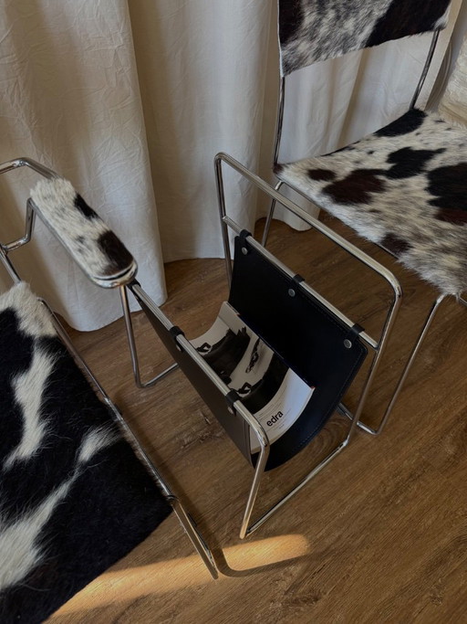 Vintage tijdschriftenrek chroom buisframe en zwart leer