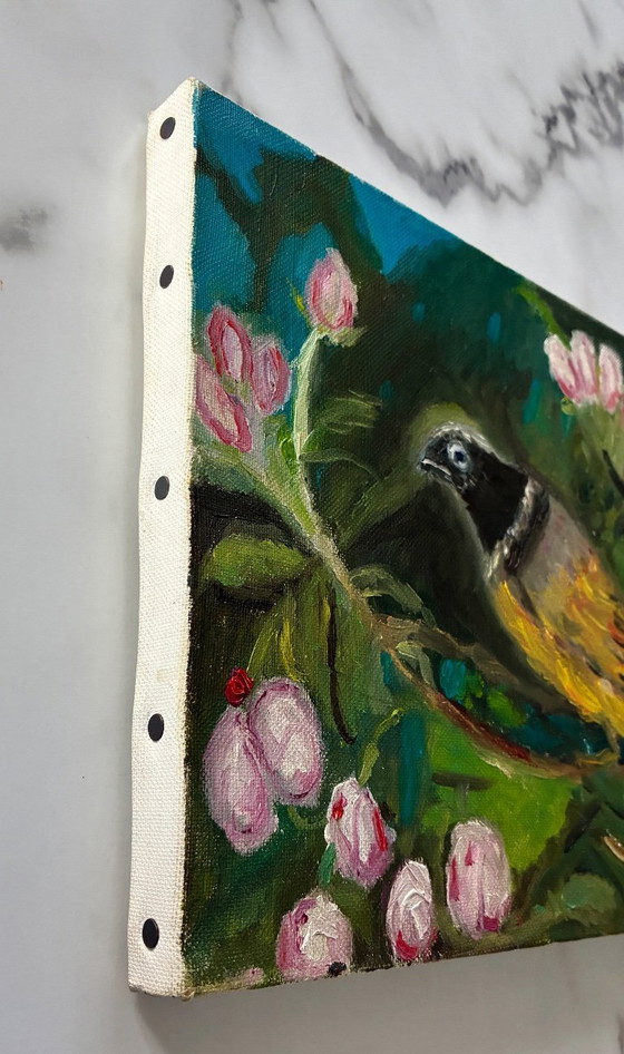 Image 1 of Antique oil painting on canvas, still life with a goldfinch