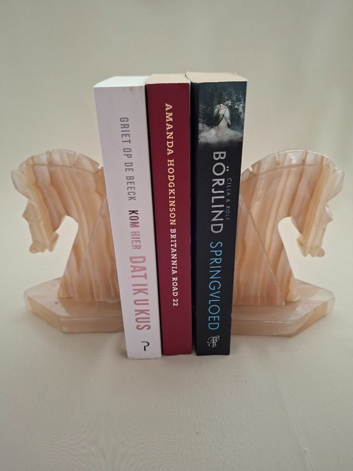 Set antiker Onyx-Buchstützen – Pferdeköpfe