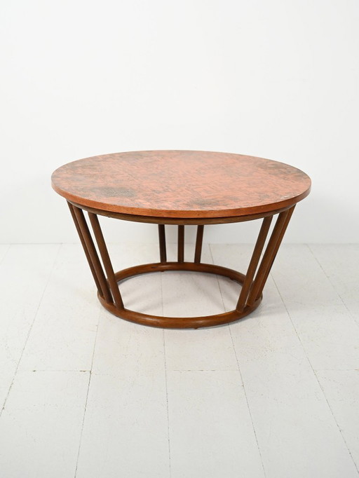 Scandinavian round bamboo and copper coffee table