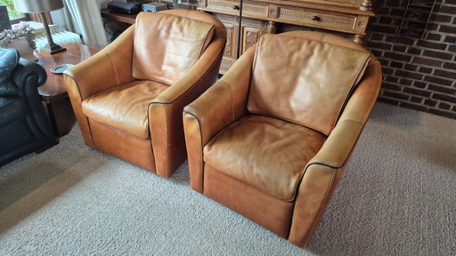 Set aus 2 Vintage-Clubsesseln aus cognacfarbenem Leder – Cuoietto Leder