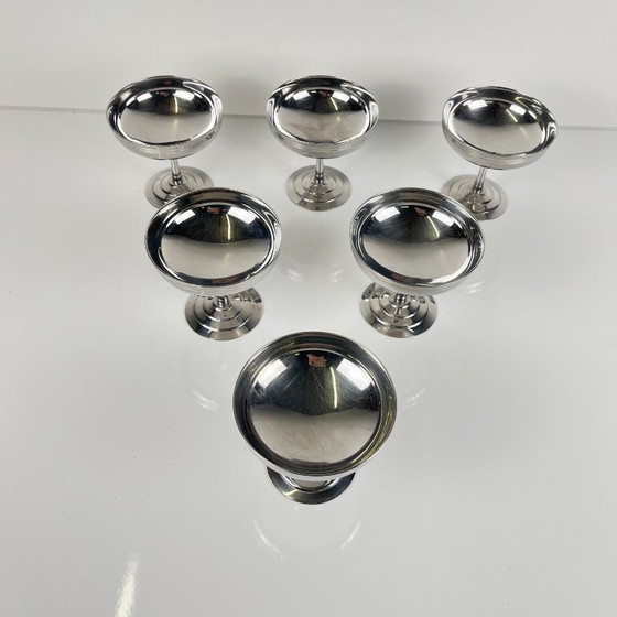 Set of 6 Letang Remy stainless steel ice cream / dessert cups, 1970, Glass & Decanter, Metal, Silver, Vintage (photo 4 of 8)