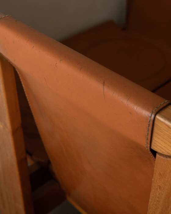 Image 1 of Brutalistische iep en lederen eetkamerstoelen van Giovanni Luigi Gorgoni voor Roche Bobois, jaren 70, set van 7
