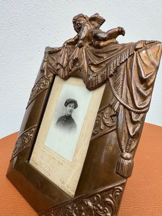 Art Nouveau Bronzen Cherubijn Fotolijst, Fotolijsten, Gold (foto 10 van 15)