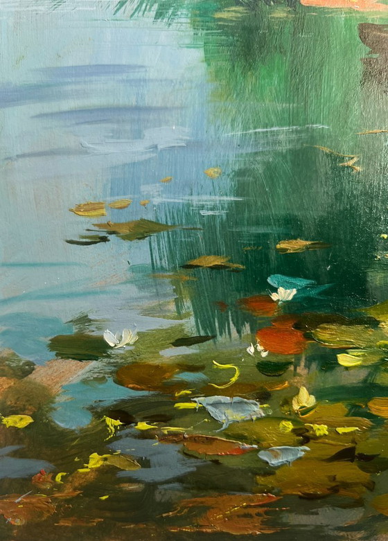 Image 1 of Peinture à l'huile originale représentant un paysage côtier d'été, avec un pêcheur près d'un arbre solitaire.