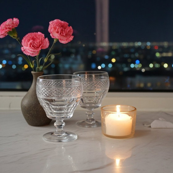 Image 1 of Set of 2 Georgian Crystal Wine Glasses with Trianon pattern