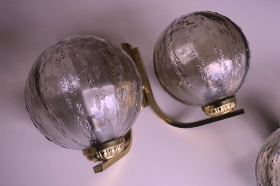Image 1 of Mid Century Pair of Brass and Glass Double Wall Lights, 1970s