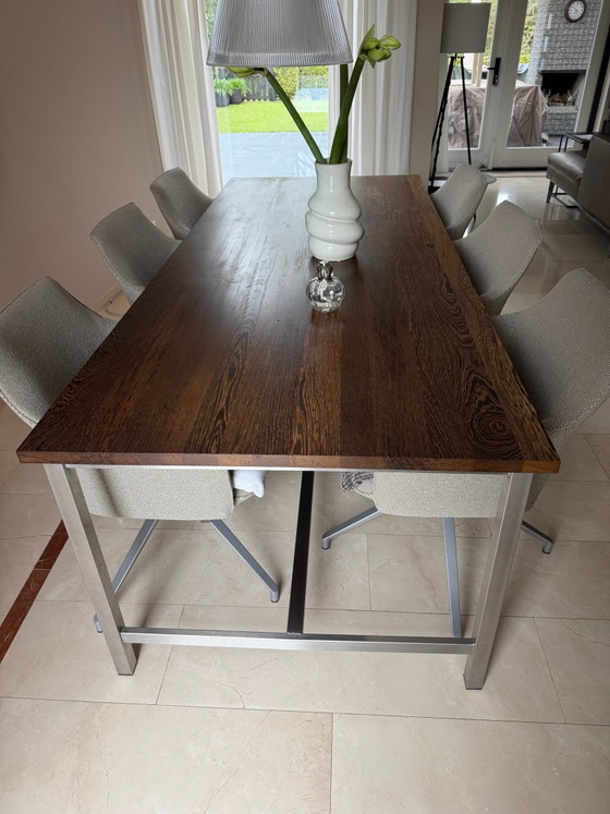 Wengé Solid Wood Dining Table 240×100x76 cm, Stainless Steel Base, Other, Brown (photo 2 of 6)