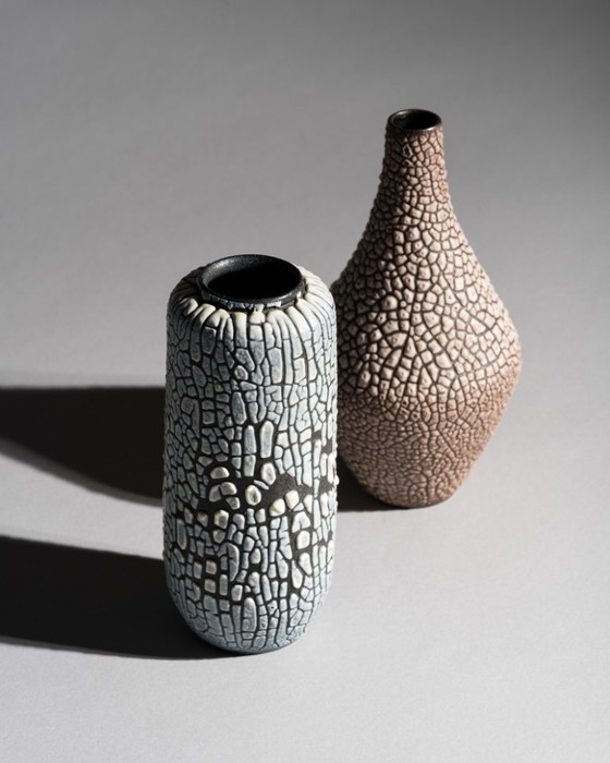 Image 1 of ALBERT KIESSLING "SNAKESKIN" Vase DUO East German Pottery REDUKTIONSGLASUR GDR