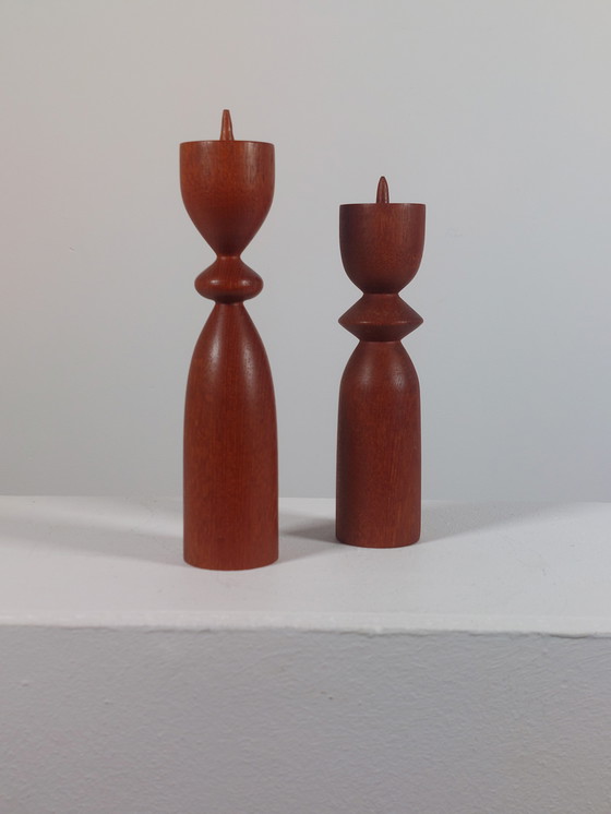 Image 1 of Pair of sculptural wooden teak candlesticks, Scandi style