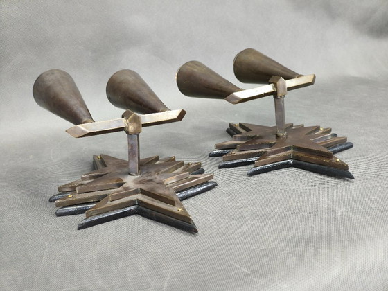 Image 1 of Pair of Czech Cubist Brass Wall Lights, Czechoslovakia, 1920s