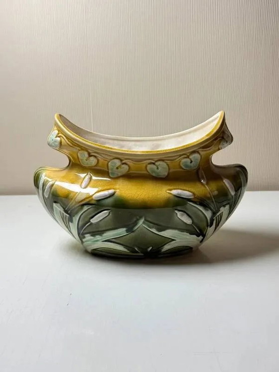 Vaso Barbotine Art Nouveau Antico, Firmato Orchies (c. 1900), Vasi per piante, Porcellana, Giallo (foto 2 di 6)