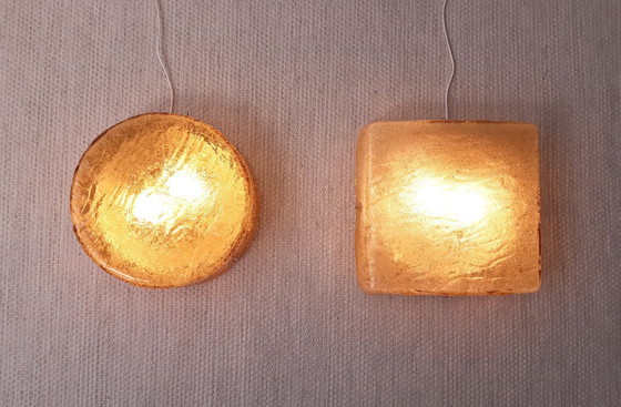 Image 1 of Suspension ronde en verre de RZB Leuchten, lampe de plafond vintage en verre avec relief.