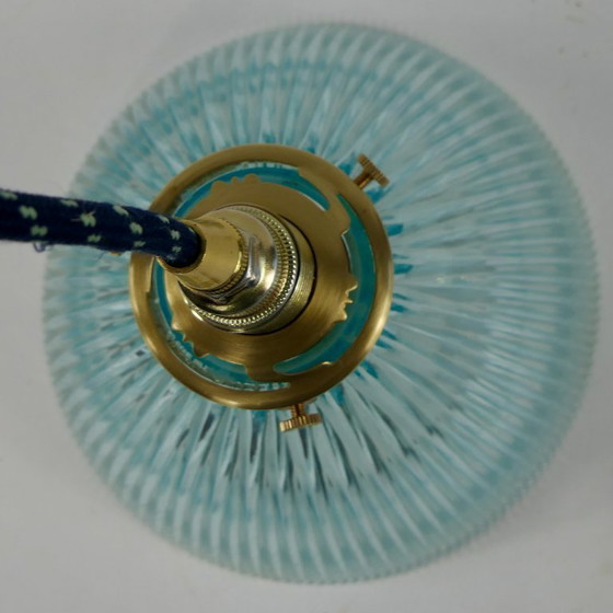 Image 1 of Ribbed ceiling lamp in light blue Holophane glass with brass shade support