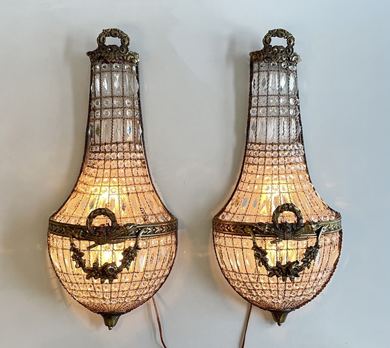 Image 1 of Pair of 2 XL wall lights French Louis XVI style cristal baskets 