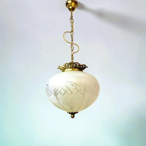 Image 1 of Portuguese regency-inspired frosted glass pendant with ornate brass crown
