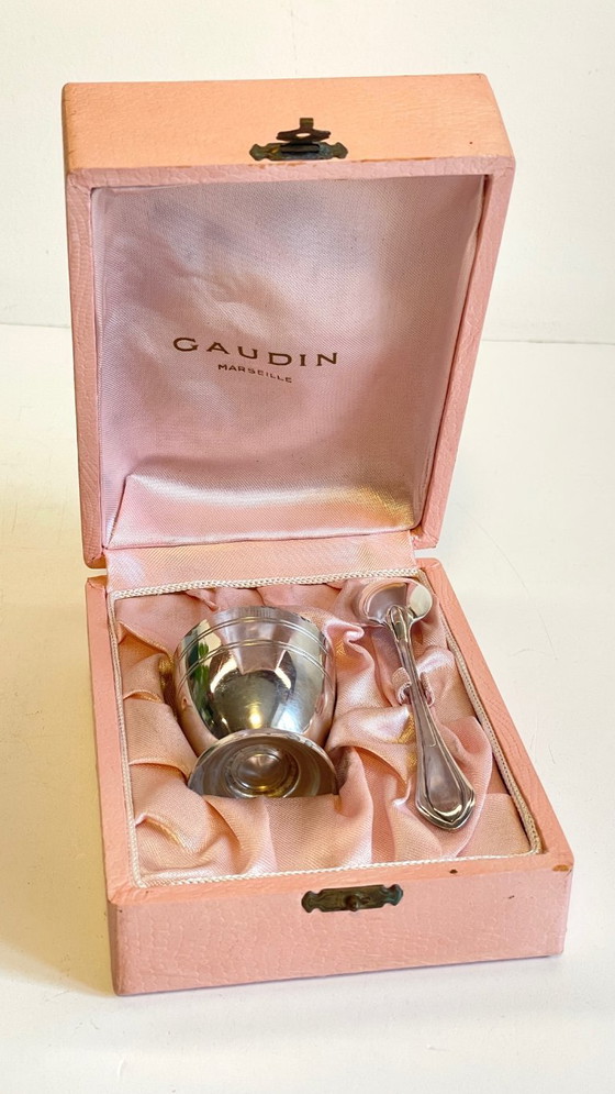 Image 1 of Vintage Silver-Plated Metal Egg Cup and Spoon for Birth