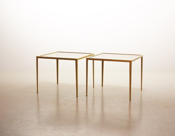 Image 1 of Elegant Hollywood Regency Minimalistic Solid Brass Side Tables with Smokey Glass Top by Vereinigte Werkstätten. Set of 2. 1970s.
