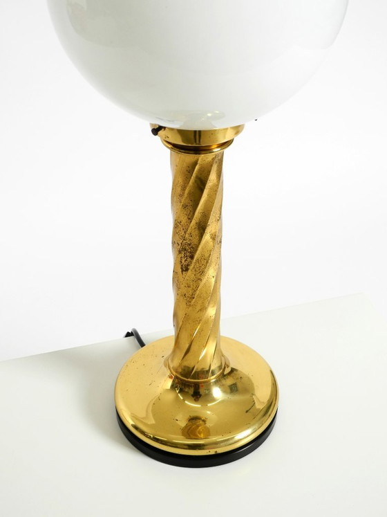 Image 1 of Large 1960s brass column-style table lamp with frosted glass globe