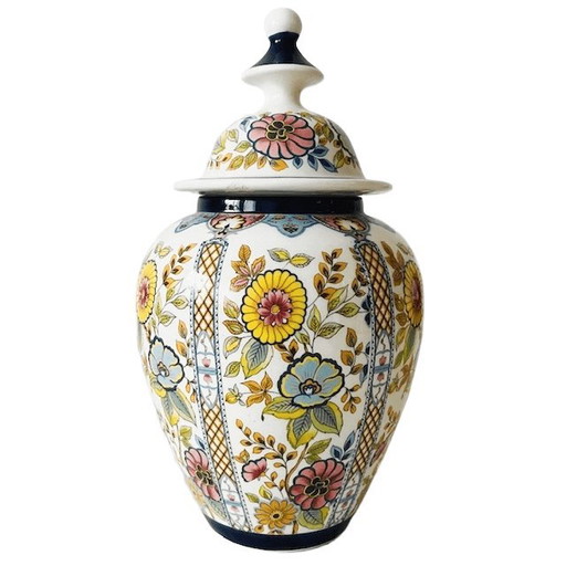 Vaso con coperchio fiorentino d'epoca con fiori colorati, anni '70