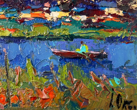 Image 1 of Original Oil Painting Evening Summer Landscape Clouds are floating