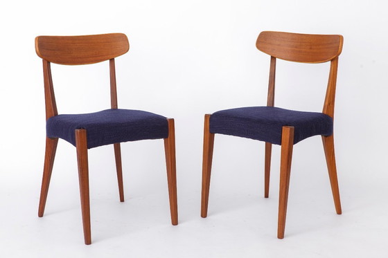 Image 1 of Set of 3 Danish Teak Chairs 1960s, Vintage Mid Century Dining Chairs, Dark Blue Upholstered Seats