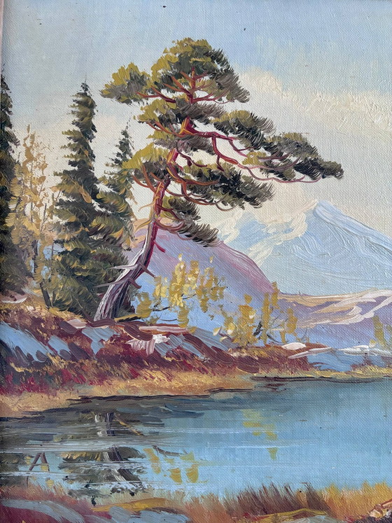 Image 1 of Peinture à l'huile originale vintage représentant un paysage de montagne et de rivière, encadrée