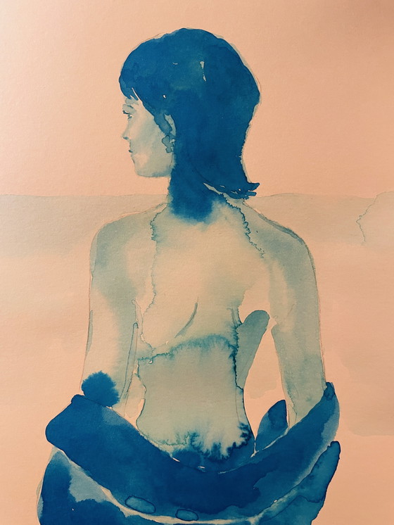Image 1 of Gesigneerd aquarel monochroom blauw portret vrouw "weekend in Capri ".