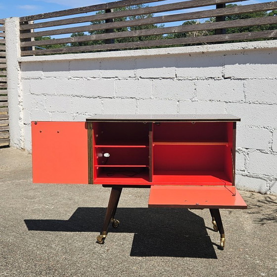 Image 1 of Mid-Century Formica Bar Trolley - Bar Cabinet - Mahogany Style - 60s