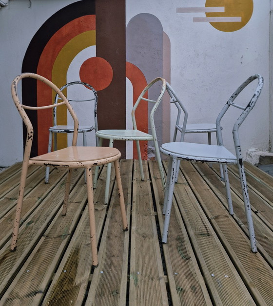 Image 1 of Set di 5 sedie in metallo di René Herbst per Mobilor, 1950
