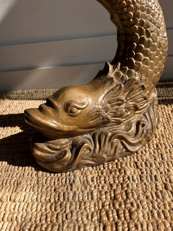 Image 1 of Brass Koi Fish Dolphin Side Table Stool Mid Century