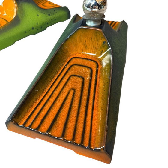 Image 1 of Vintage Set of Ceramic Wall Lamps Light Orange & Green Hustadt Leuchten, Germany 1960