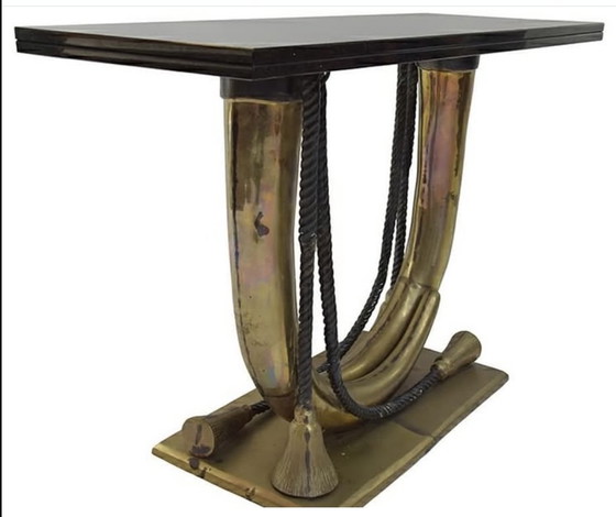 Image 1 of Beautiful brass and bronze elephant tusk console table with stone top and original patina - Made in Italy in the 60s