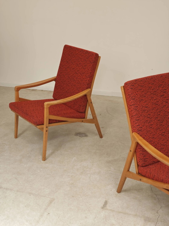 Pair of Jiri Jiroutek red armchairs by Intérier Praha – Wood, Mid Century Modern (photo 4 of 13)
