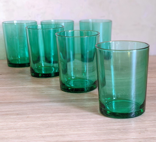 Set of 6 Green Seventies Water Glasses "Huile Lesieur" (Incl. Stamp)