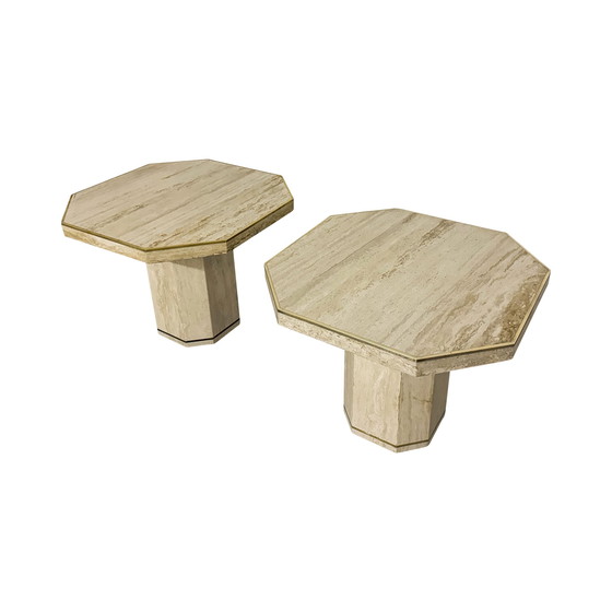 Image 1 of Pair of Willy Rizzo for Jean Charles Mid-Century Italian Modern Travertine Low Octagonal Tables