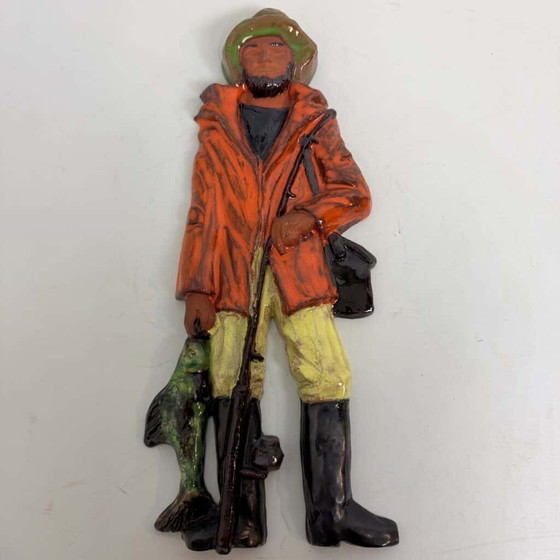 Terracotta wall decoration of a fisherman by Kany, Yellow, Mid Century Modern (photo 3 of 14)