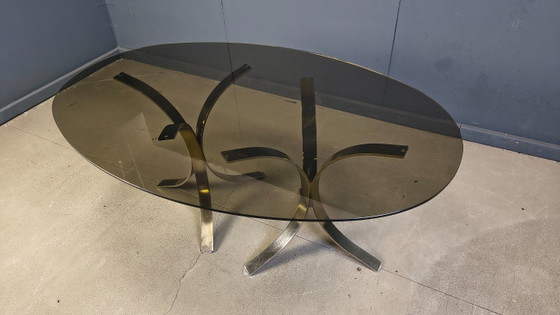 Image 1 of Vintage brass oval glass dining table, 1970s