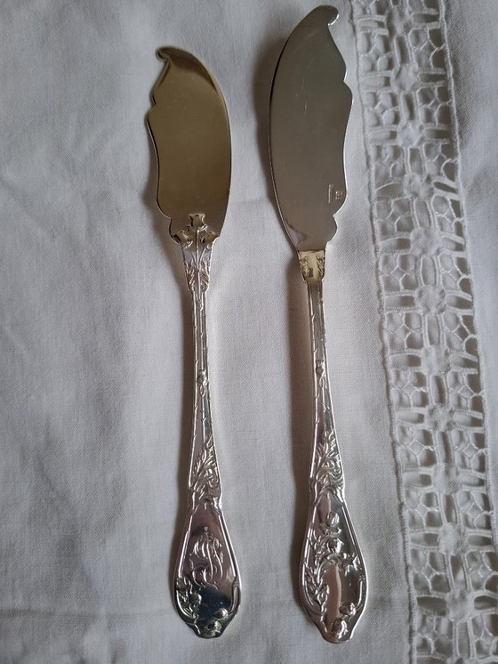 Image 1 of 6 couverts à poisson argentés art nouveau 'Chardons' orfèvre Boulenger