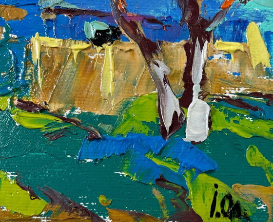 Image 1 of Origineel olieverfschilderij: Kleurrijk dorpslandschap, ontwakende lente