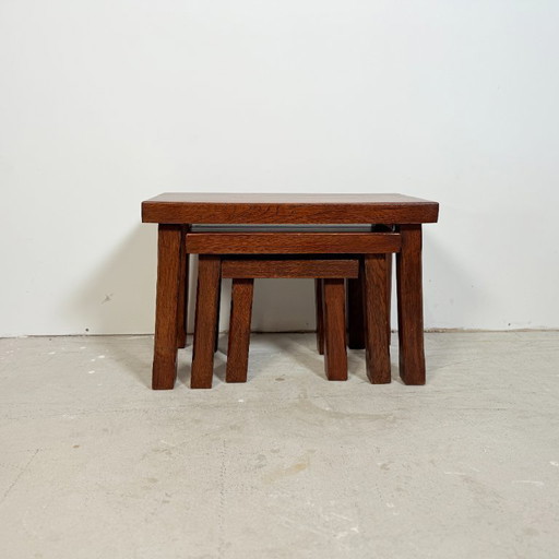 Set of 3 brutalist oak side tables