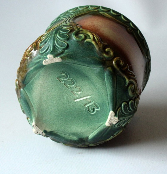 Image 1 of Zeldzaam klein keramisch bloempotje, groen/beige - gemerkt - vintage