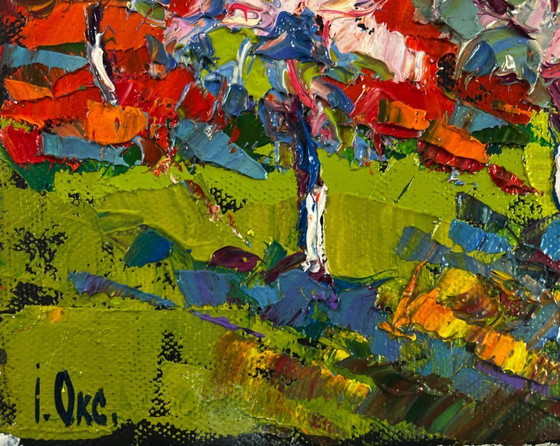 Image 1 of Original Oil Painting Colorful Forest Landscape Flowering trees in the garden